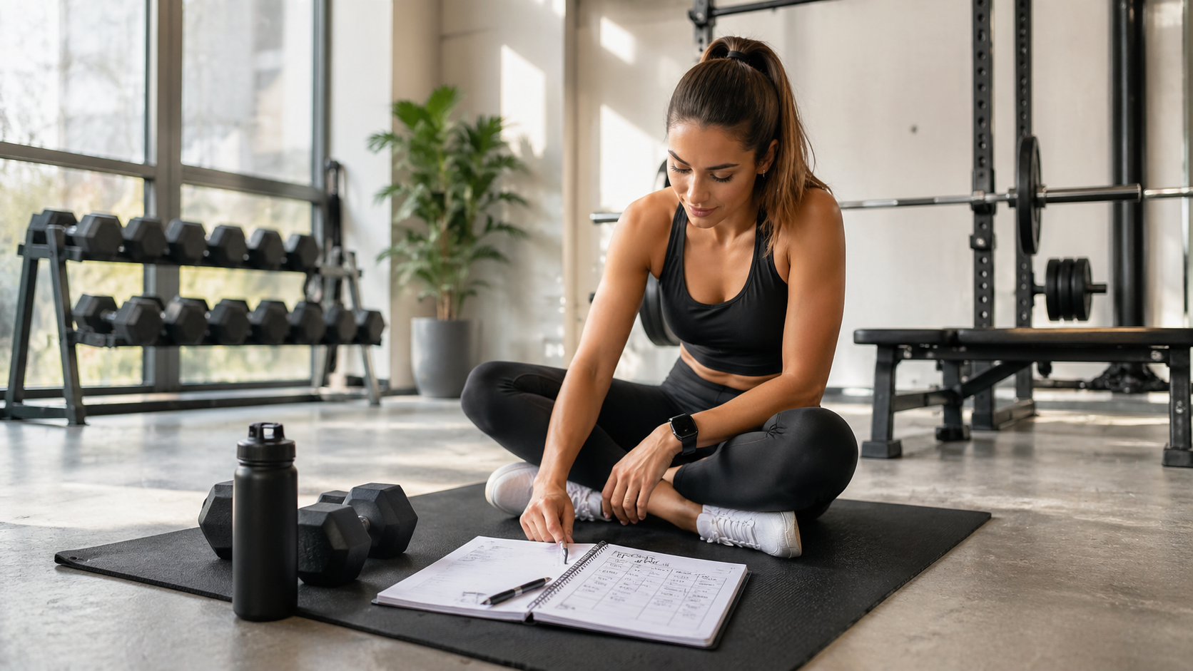 Persona entrenando en un gimnasio luminoso con planificación semanal, mancuernas y material de entrenamiento