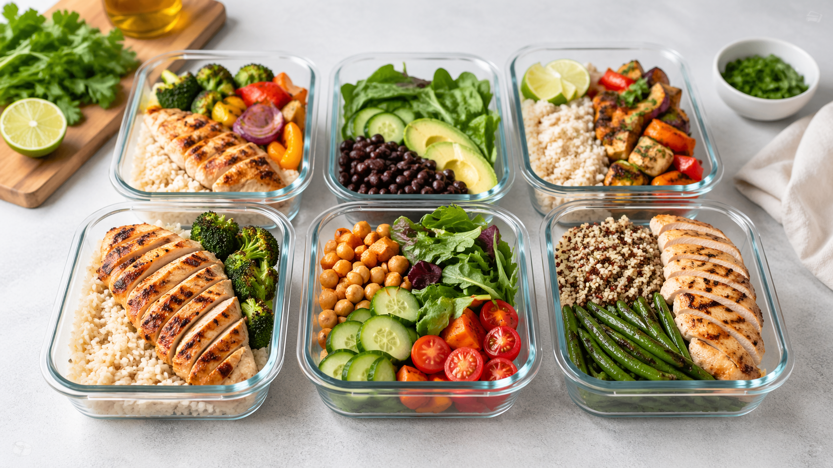 Meal prep containers with chicken, rice, vegetables and legumes prepared for several days