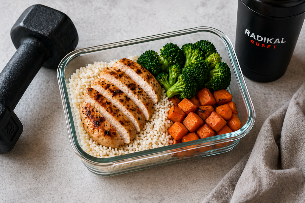 Tupper de comida saludable con pollo a la plancha, arroz, brócoli y boniato junto a una mancuerna y un shaker