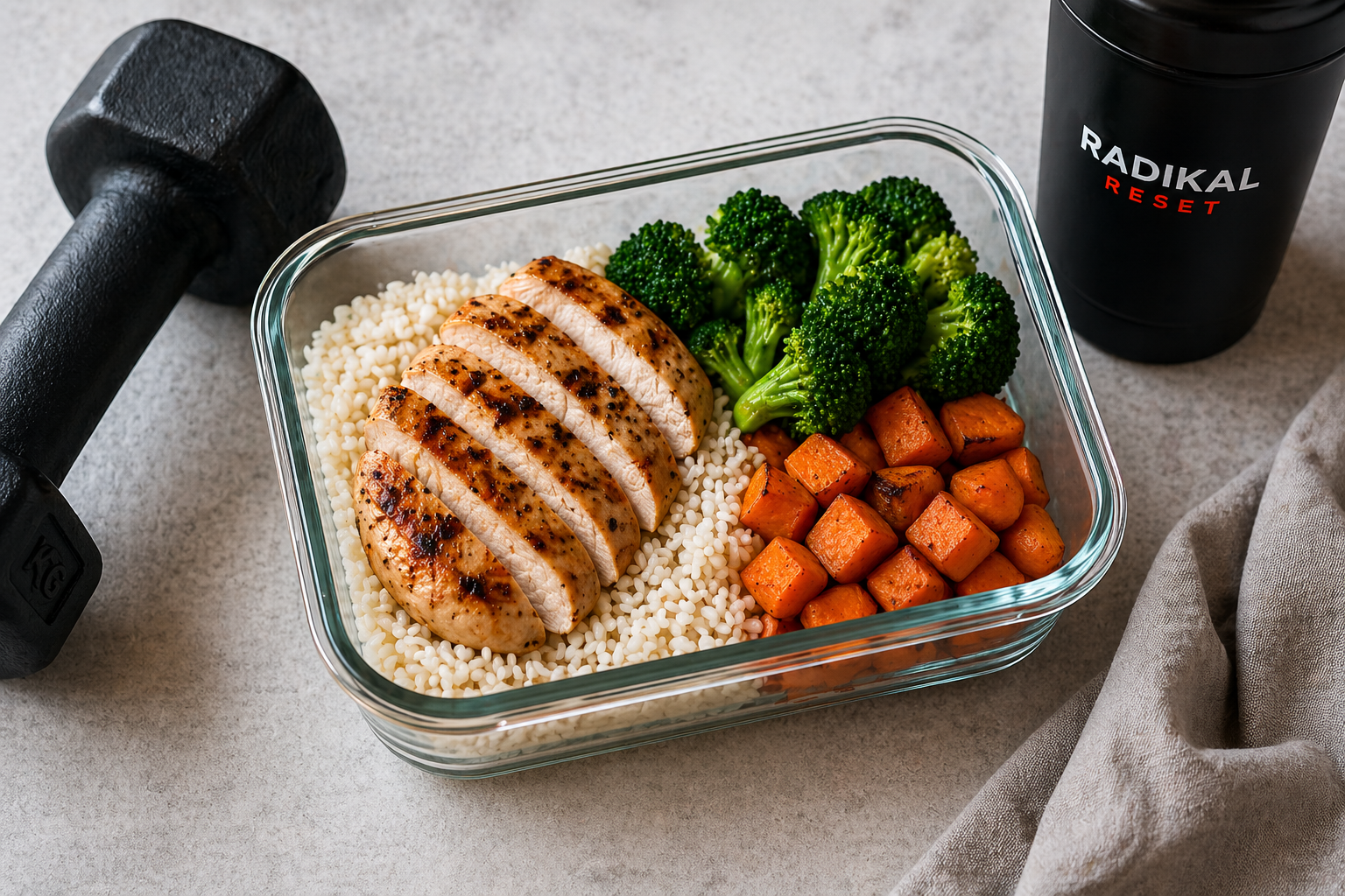 Tupper de comida saludable con pollo a la plancha, arroz, brócoli y boniato junto a una mancuerna y un shaker