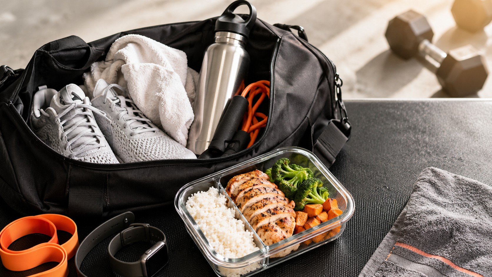 Open gym bag with training shoes, towel, water bottle, jump rope, dumbbell and a healthy meal prep container with chicken, rice, broccoli and sweet potato.