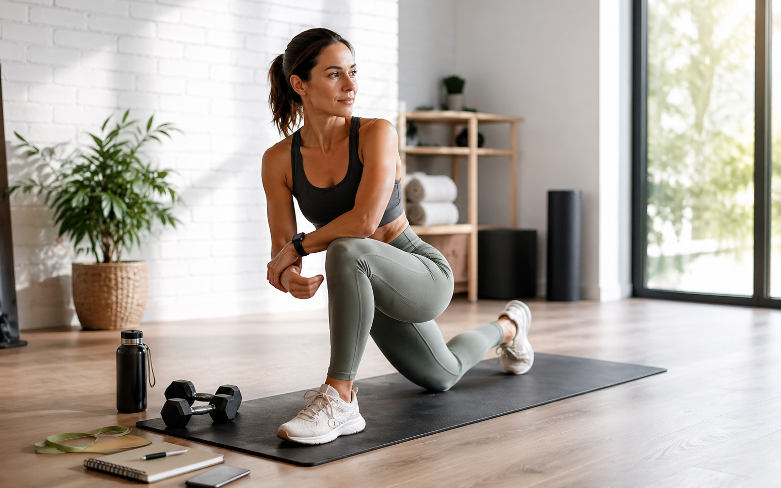 Woman stretching on an exercise mat in a bright studio with dumbbells, water bottle, training notebook and resistance band.