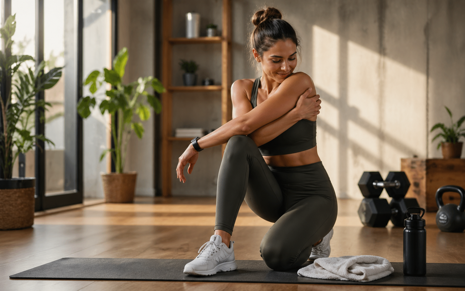 Woman sitting on an exercise mat after training, with dumbbells, kettlebell, water bottle and towel in a warm gym space.