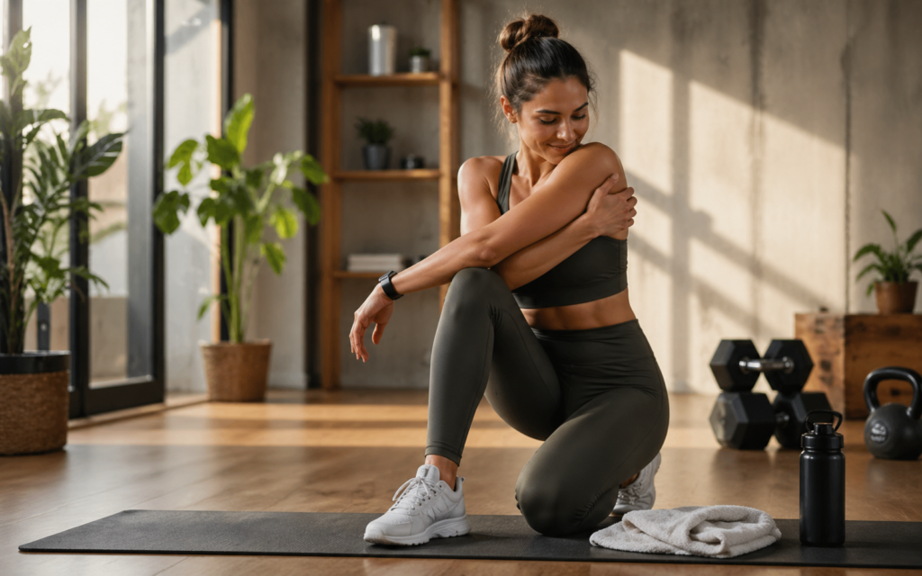 Mujer sentada sobre una esterilla después de entrenar, con mancuernas, kettlebell, botella de agua y toalla en un espacio de gimnasio cálido.