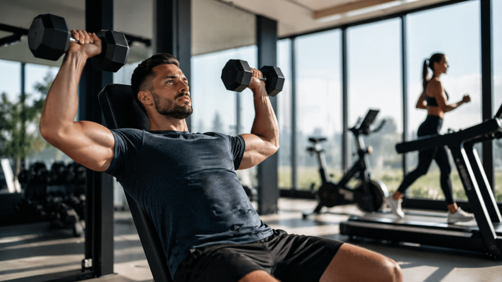 Persona entrenando fuerza en un gimnasio con bicicleta estática al fondo, mancuernas y ambiente luminoso