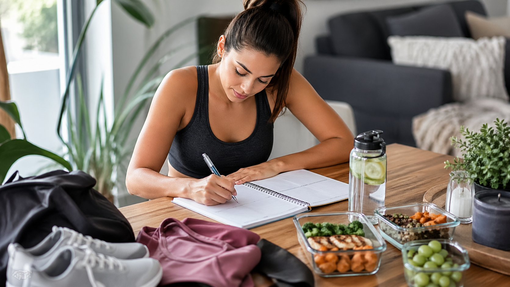 Person preparing a healthy week with notebook, workout clothes, meal prep and water bottle