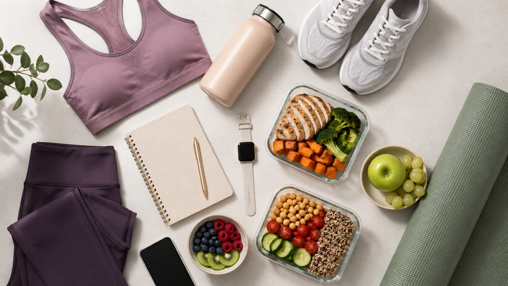 hábitos saludables con comida sencilla, ropa de entrenamiento, libreta y botella de agua sobre el suelo