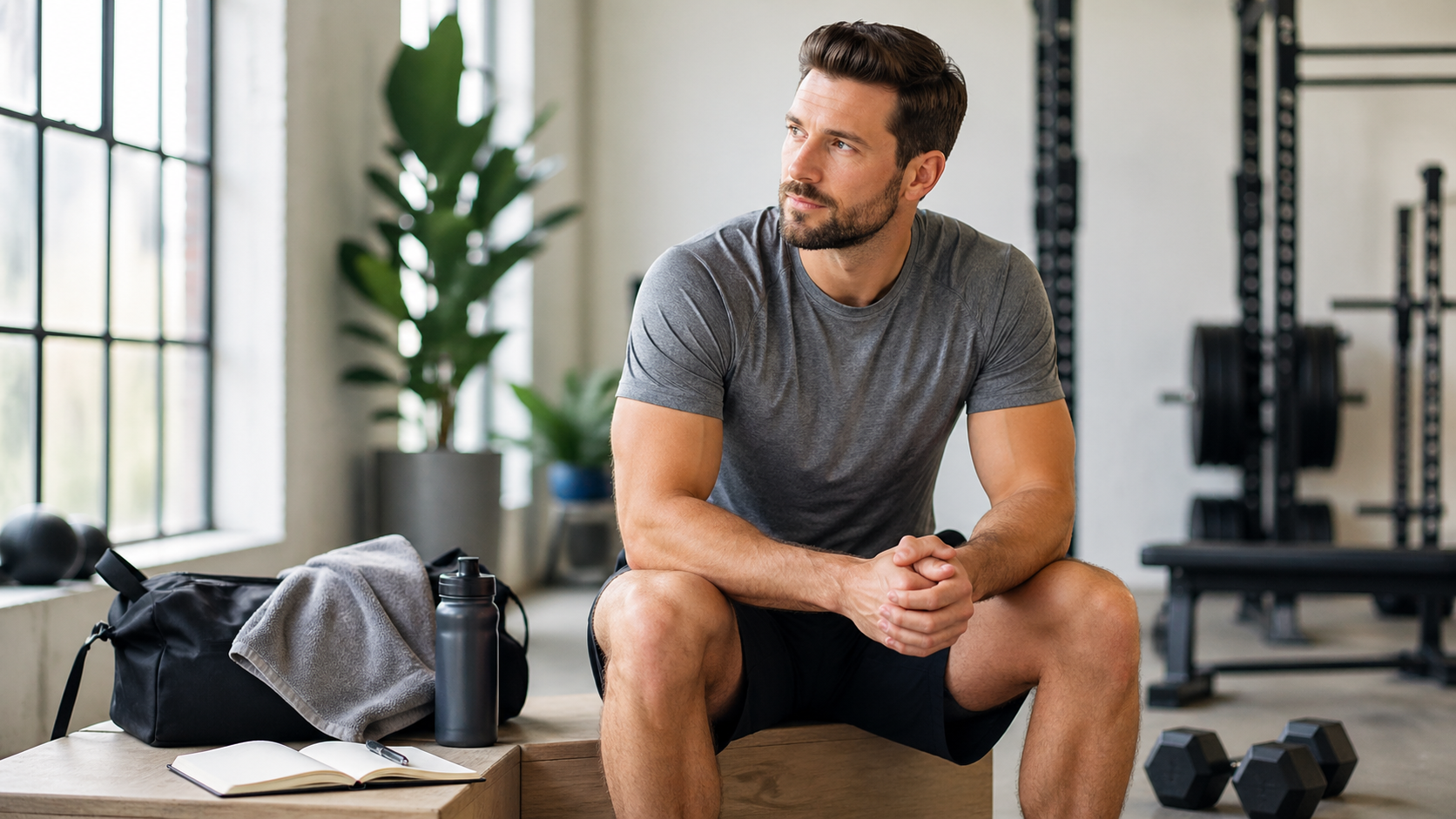 Person sitting next to a gym bag and notebook, preparing to restart healthy habits without taking an extreme approach