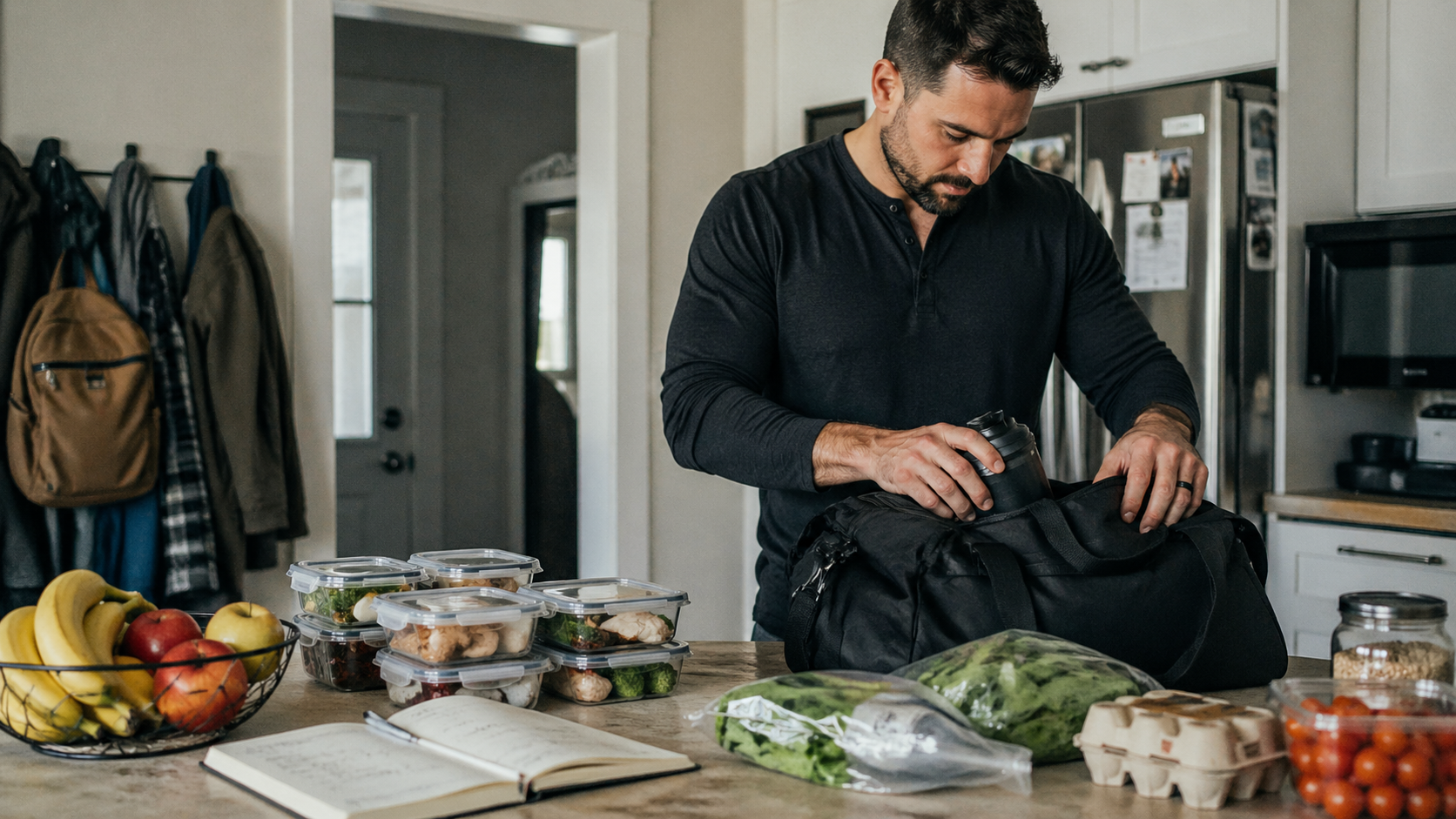 Person organizing the week with calendar, grocery list, meal prep, workout clothes and water bottle