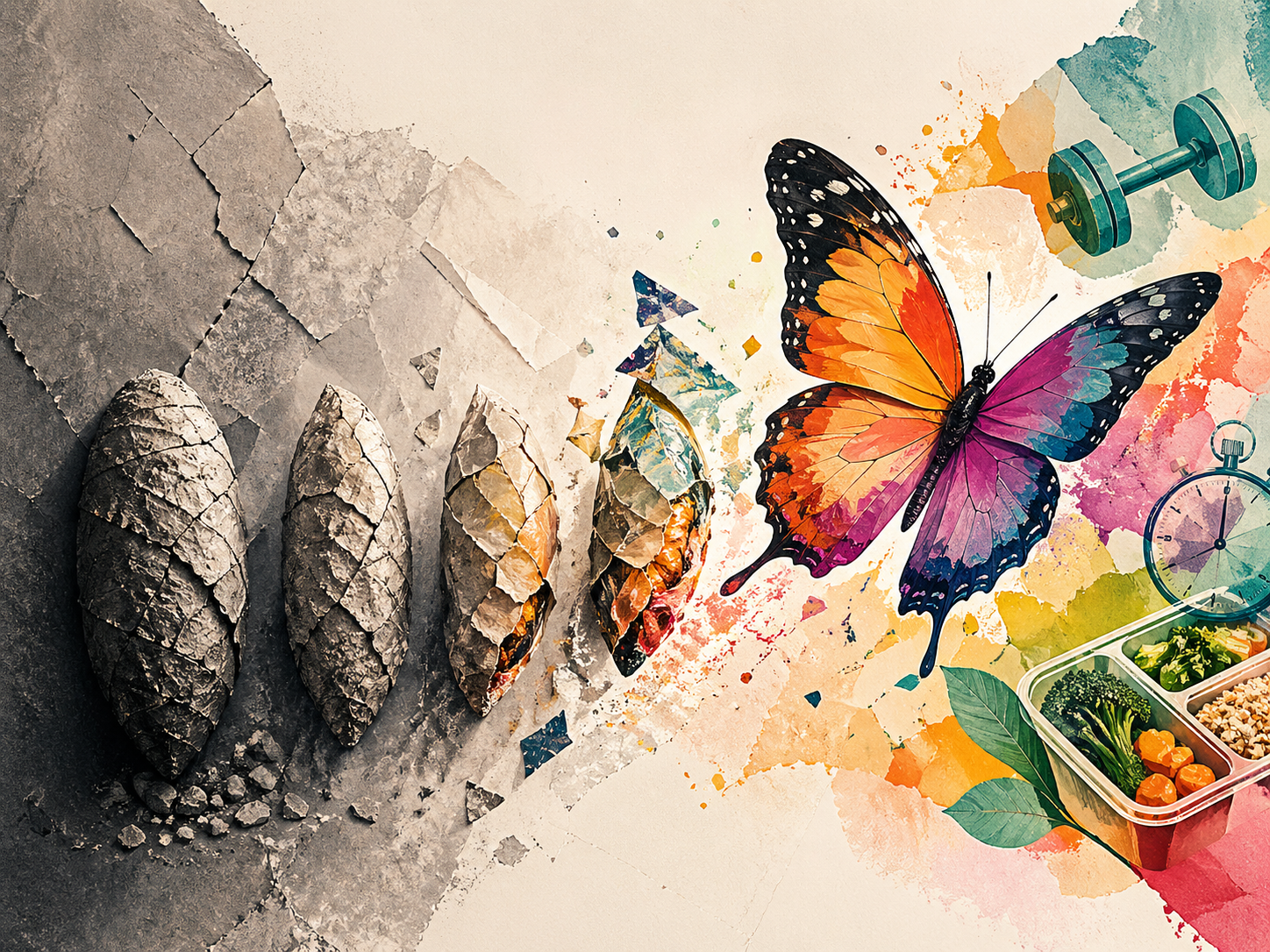 Metamorfosis visual con crisálidas agrietadas, una mariposa colorida, una mancuerna, comida saludable y un reloj, simbolizando el inicio de una transformación física.
