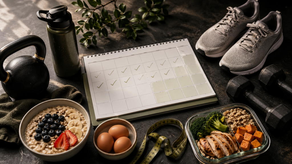 Concepto visual de calendario de 30 días con elementos de entrenamiento, comida saludable y progreso físico gradual