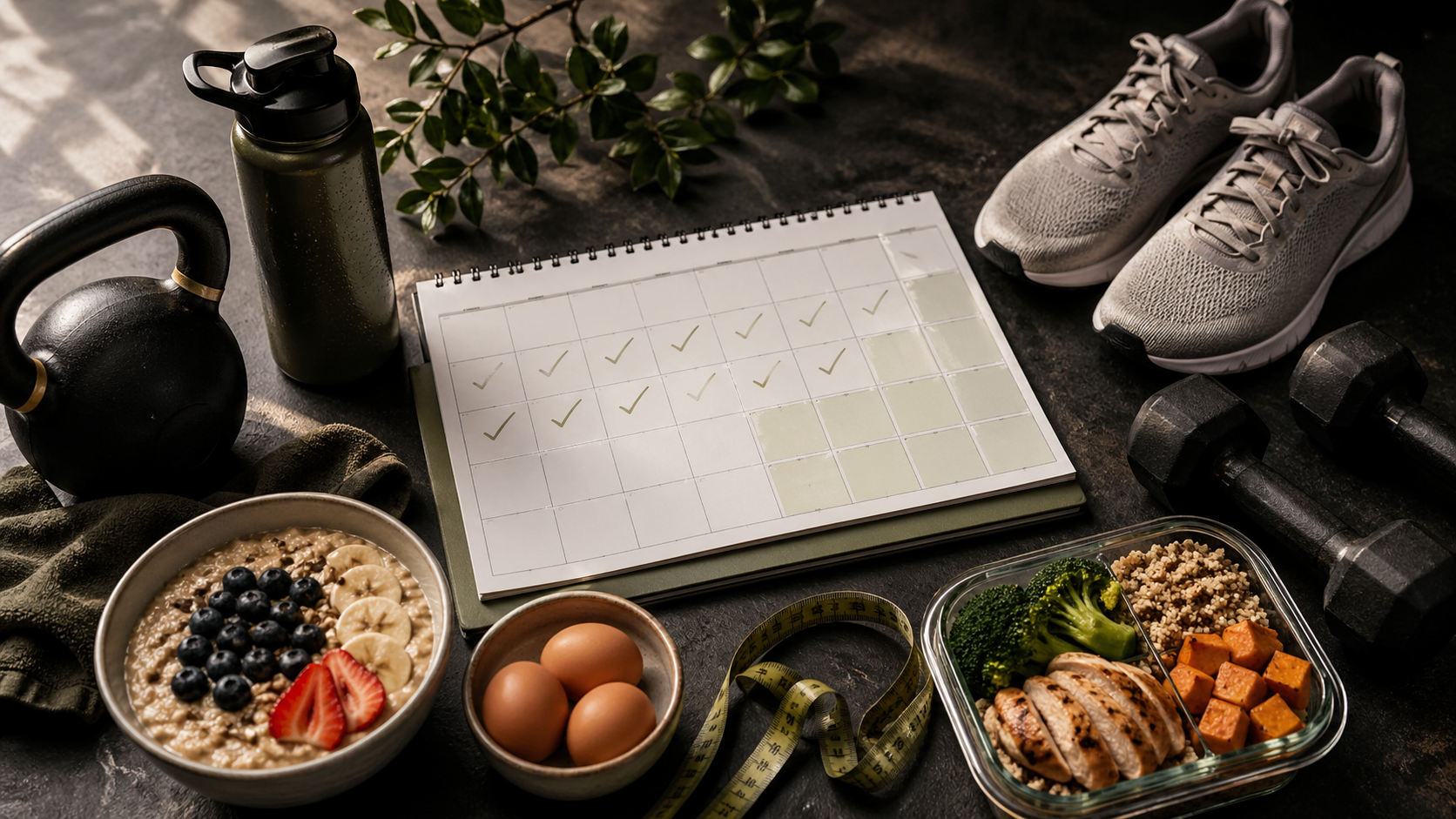 Concepto visual de calendario de 30 días con elementos de entrenamiento, comida saludable y progreso físico gradual
