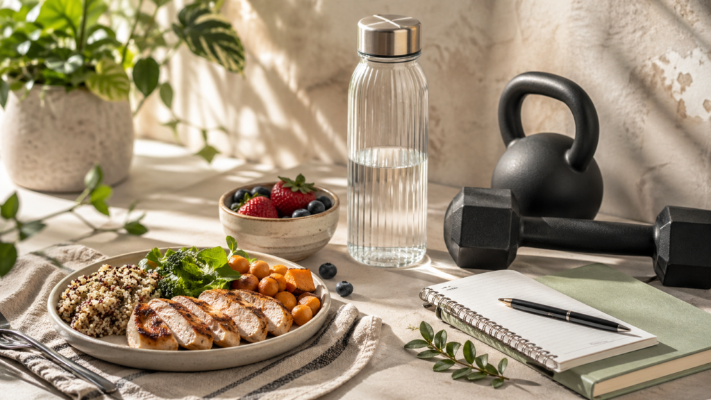 Imagen conceptual de equilibrio entre comida saludable, entrenamiento de fuerza y progreso físico sin una dieta extrema