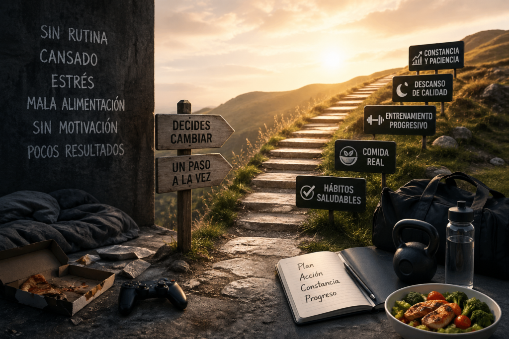 Imagen conceptual de recuperación física con camino ascendente, material de entrenamiento y señales de nuevos hábitos saludables