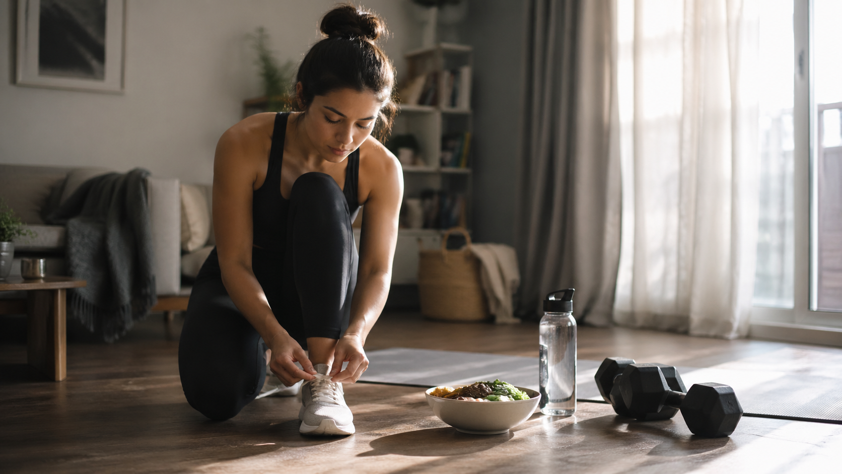 Person tying their shoes at home next to dumbbells, exercise mat, water bottle and healthy food, symbolizing a gradual return to fitness.