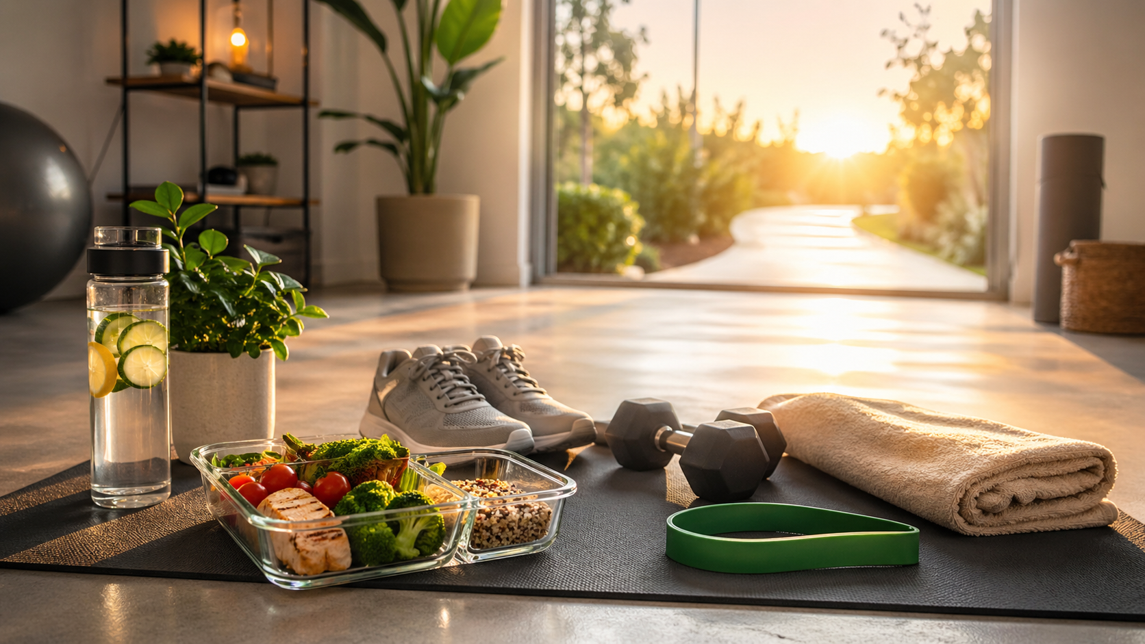 Bright workout space with sneakers, dumbbells, resistance band, healthy food and an open door leading to a sunny path, symbolizing a physical reset.