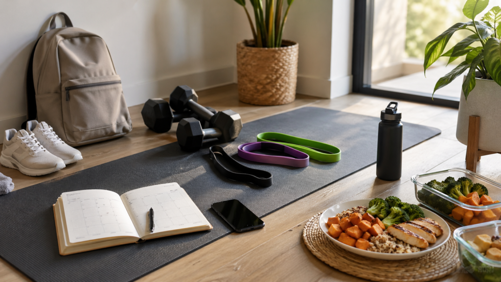 Espacio de entrenamiento sin texto con mancuernas, zapatillas, mochila, esterilla y comida saludable preparados para empezar la semana 1 de Radikal Reset