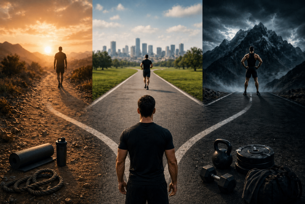 Tres caminos visuales sin texto que simbolizan diferentes rutas de entrenamiento y transformación física.