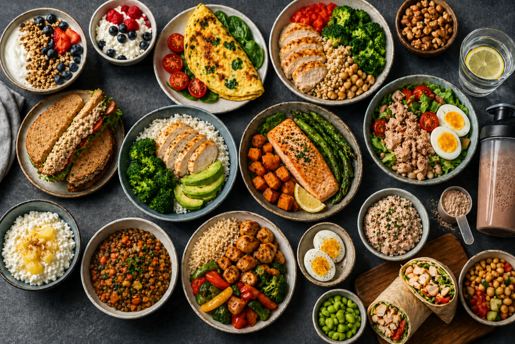 Mesa con diferentes comidas altas en proteína sin texto, incluyendo yogur, huevos, pollo, arroz, verduras, pescado y fruta.