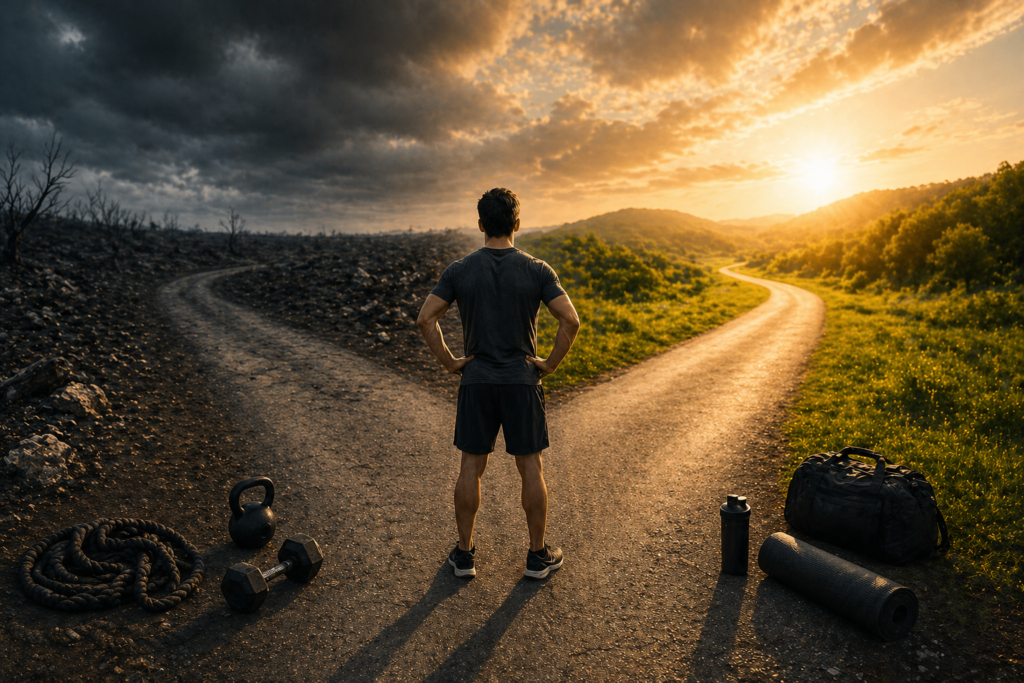Persona frente a un cruce de caminos de entrenamiento sin texto, con material deportivo y una ruta clara que simboliza cómo evitar abandonar en la semana 3.