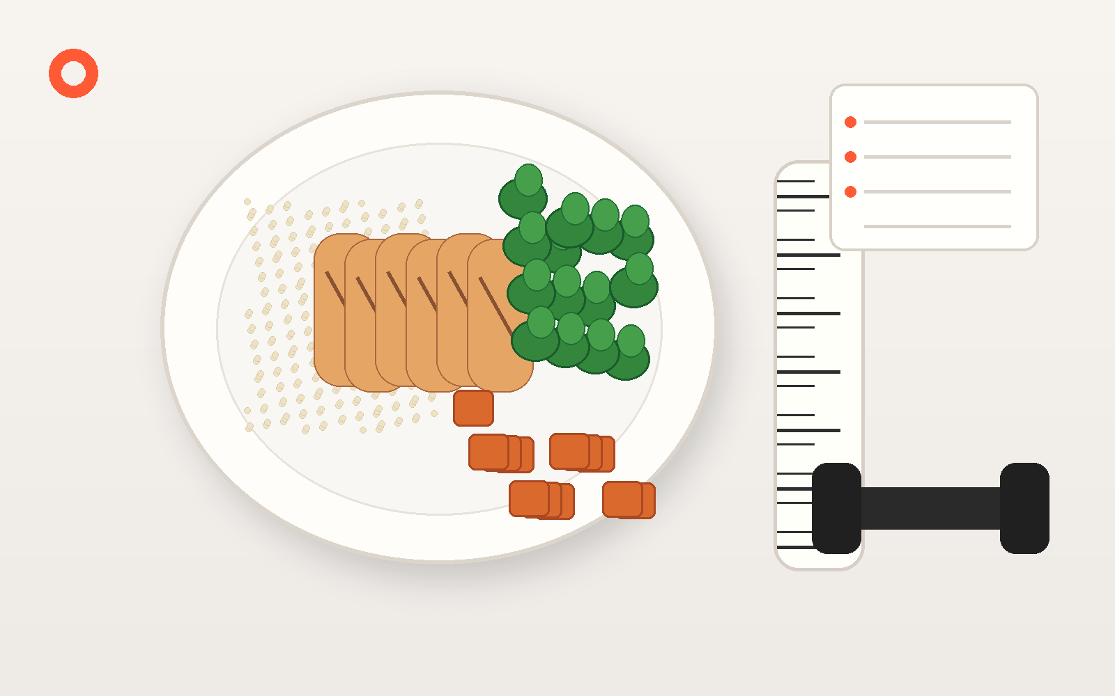 Healthy plate with chicken, rice, broccoli and sweet potato next to a measuring tape, planning notebook and dumbbell