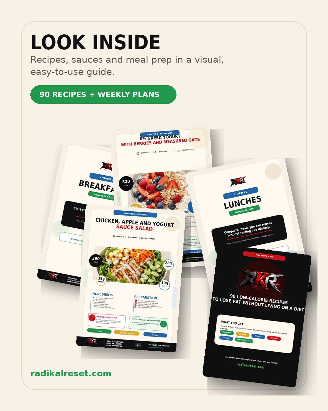 Radikal Reset Recipe Book with low-calorie recipes for fat loss without living on a diet